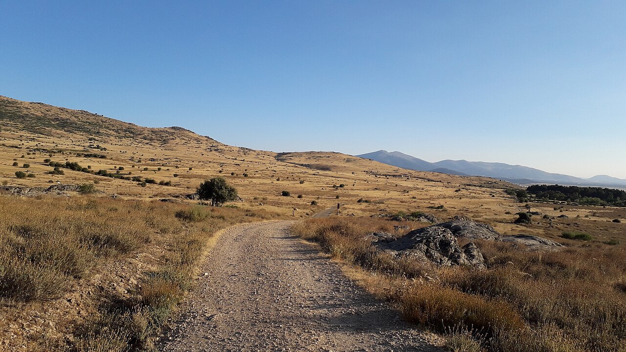 Camino de tierra de la Cañada Real Soriana Occidental a su paso por Trescasas (Segovia), entre pastos secos y encinas, con la sierra al fondo